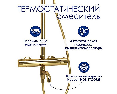 Душевая система WasserKRAFT A188.208.207.PG Thermo с термостатом Золото глянцевое