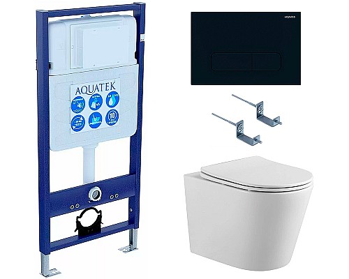 Комплект унитаза с инсталляцией Aquatek Set Aquatek Вега cmp-017 с сиденьем Микролифт и Черной матовой клавишей смыва