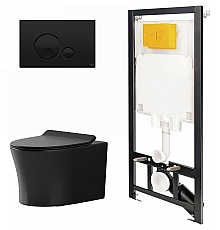 Комплект унитаза с инсталляцией Point Вега 886914GBO3+PN41711BM Черный матовый с сиденьем Микролифт и Черной матовой клавишей смыва