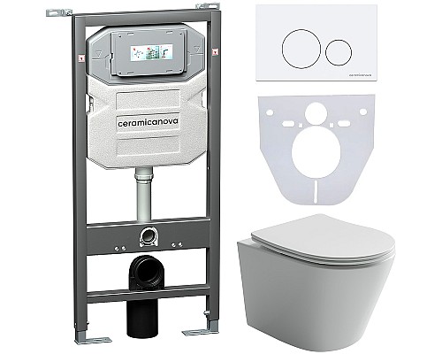 Комплект унитаза с инсталляцией Ceramicanova Balearica CN6000_1001W_1000 с сиденьем Микролифт и Белой клавишей смыва