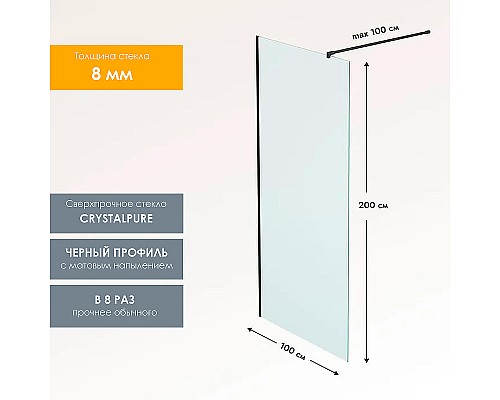 Душевая перегородка Reflection Walk in 100 RX200100CBL-13 профиль Черный матовый стекло прозрачное