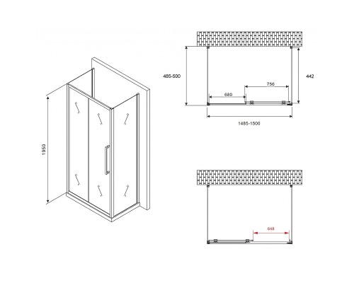 Душевой уголок Abber Schwarzer Diamant 150x50 профиль Черный стекло прозрачное