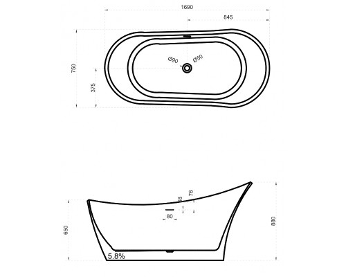 Ванна из искусственного камня Abber Stein 169x75 AS9618 без гидромассажа