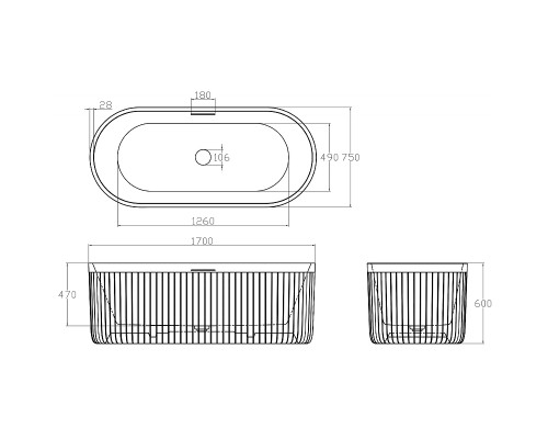 Ванна из искусственного камня Abber Stuttgart 170x75 AM9925 Белая матовая без гидромассажа