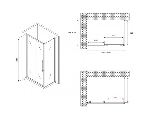 Душевой уголок Abber Schwarzer Diamant 150x100 профиль Черный стекло матовое