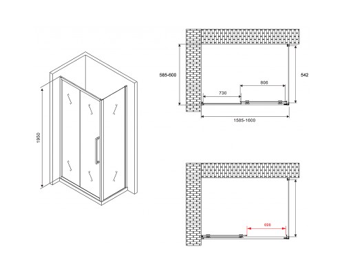 Душевой уголок Abber Schwarzer Diamant 160x60 профиль Черный стекло прозрачное