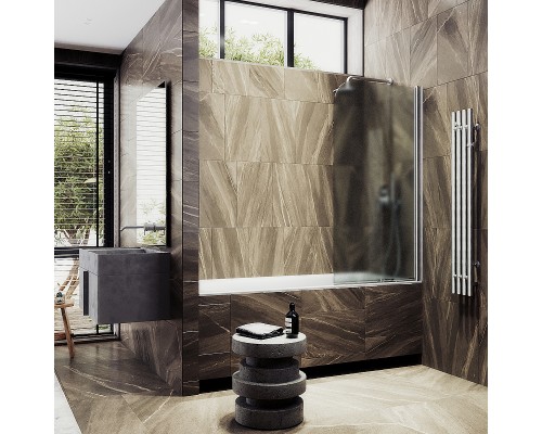 Шторка на ванну Maybah Glass MGV-615-5 600x1400 поворотная на монопетле Хром матовый стекло сатиновое