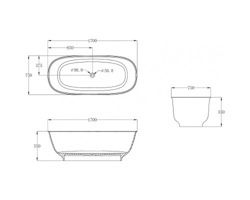 Ванна из полиэфирной смолы Abber Kristall 170х75 AT9707Onyx Черная без гидромассажа