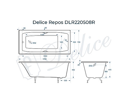 Чугунная ванна Delice Repos 170x70 DLR220508RB с черными матовыми ручками без антискользящего покрытия Чугунная ванна Delice Repos 170x70 DLR220508RB с черными матовыми ручками без антискользящего покрытия