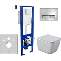 Комплект унитаза Berges Quattro S Rimless с инсталляцией Atom Line 043361 с сиденьем Микролифт и клавишей смыва Хром глянцевый