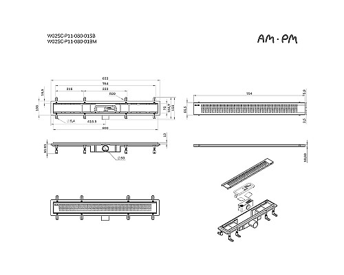 Душевой лоток AM.PM PrimeFlow 80 W02SC-P11-080-01SB с решеткой Хром матовый Cut Gradient