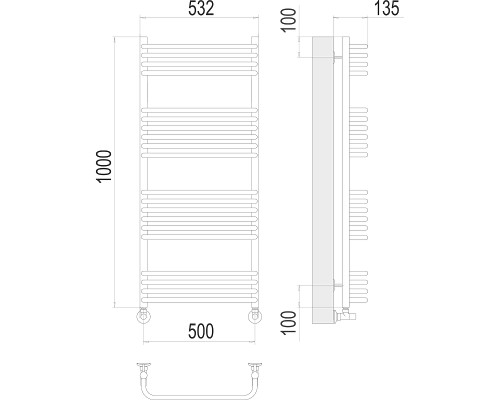 Водяной полотенцесушитель Terminus Стандарт П20 500x1000 4670078529800 Хром, нижнее подключение, G 1/2" ВР, с угловым соединением