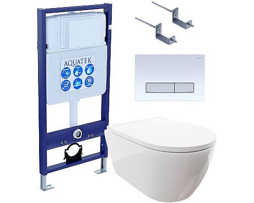 Комплект унитаза с инсталляцией Aquatek Set Aquatek Поларис-022 4в1 с сиденьем Микролифт и Белой глянцевой клавишей смыва