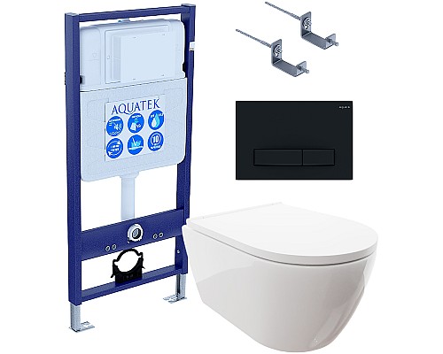 Комплект унитаза с инсталляцией Aquatek Set Aquatek Поларис-025 4в1 с сиденьем Микролифт и Черной матовой клавишей смыва