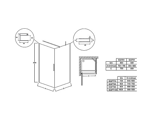 Душевая дверь Jacob Delafon Contra Black 80 E22T81-BL профиль Черный стекло прозрачное