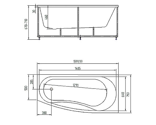 Акриловая ванна Aquatek Пандора 160х75 L PAN160-0000038 без гидромассажа с фронтальной панелью с каркасом (разборный) со слив-переливом