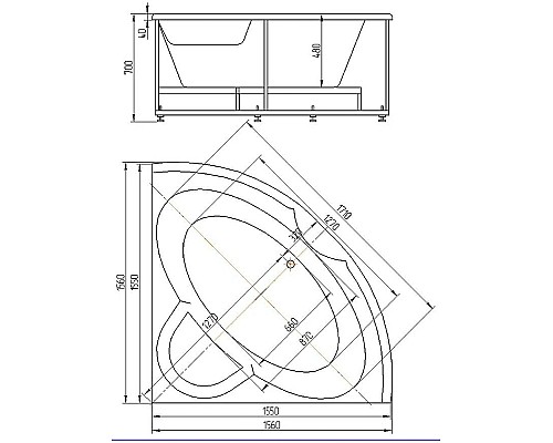 Акриловая ванна Aquatek Поларис-2 155х155 POL2-0000041 без гидромассажа с фронтальной панелью с каркасом (вклеенный) со слив-переливом