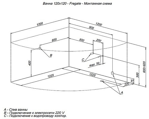 Акриловая ванна Aquanet Fregate 120x120 205488 без гидромассажа