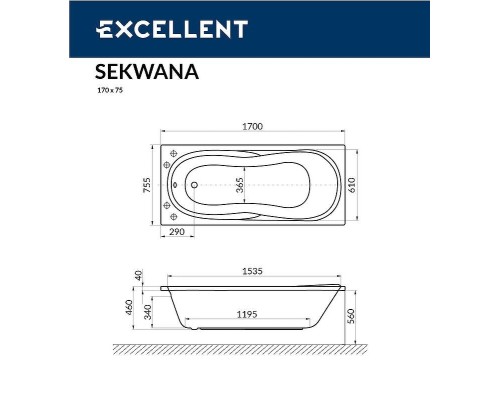 Акриловая ванна Excellent Sekwana 170x75 WAEX.SEK17.NANO.CR с гидромассажем