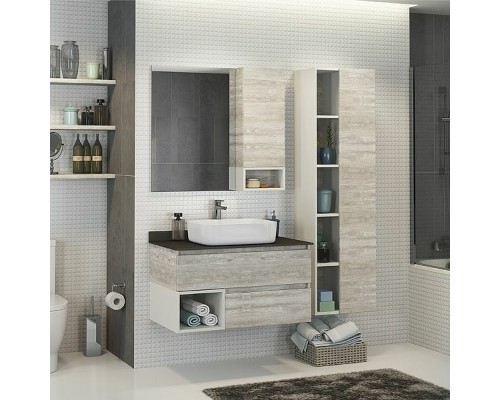 Тумба с раковиной Comforty Прага 90 00-00014424 подвесная Дуб белый Белая глянцевая Графит