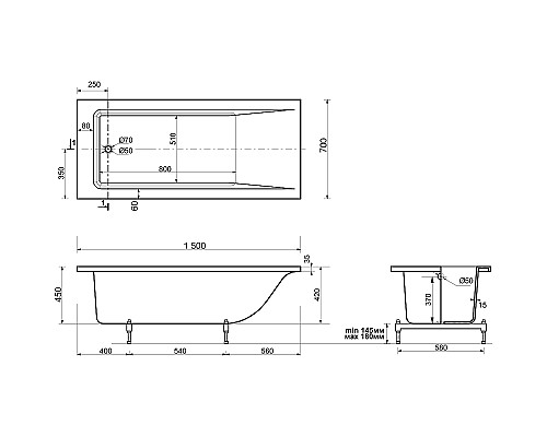 Ванна из искусственного камня STWORKI Ольборг 150x70 ФР-00014086 без гидромассажа