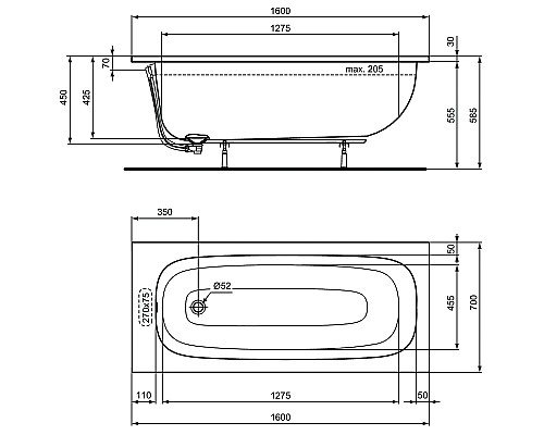 Акриловая ванна Ideal Standard I.Life 160x70 T475801 без гидромассажа