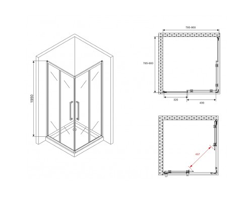 Душевой уголок Abber Schwarzer Diamant 80x80 профиль Черный стекло матовое