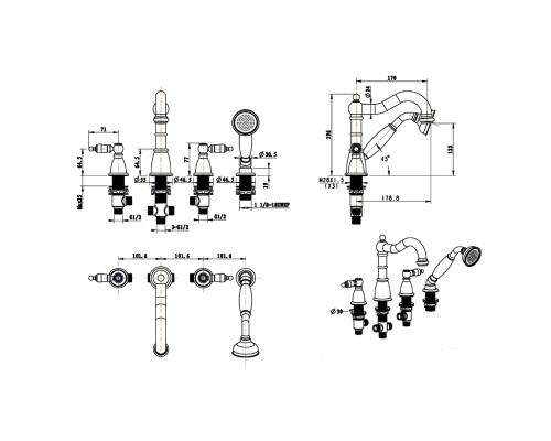 Смеситель на борт ванны Boheme Royal Cristal 395-Royal/CRST black Золото