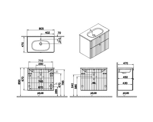 Тумба с раковиной Vitra Root Groove 80 69438 подвесная Серая матовая