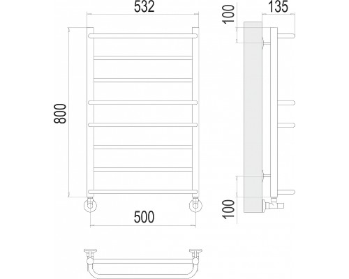 Водяной полотенцесушитель Terminus Евромикс П8 500x800 4670078530165 Хром, нижнее подключение, G 1/2" ВР