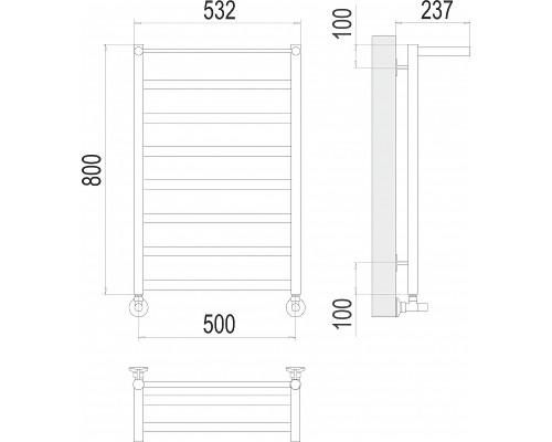 Водяной полотенцесушитель Terminus Хендрикс П8 500x800 4670078530424 с полкой Хром, нижнее подключение, G 1/2" ВР