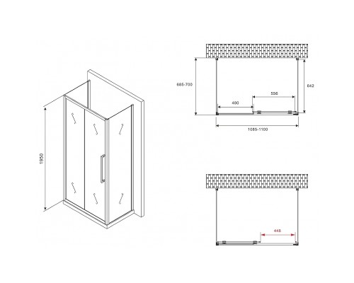 Душевой уголок Abber Schwarzer Diamant 110x70 профиль Черный стекло матовое