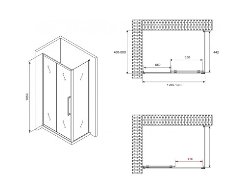 Душевой уголок Abber Schwarzer Diamant 130x50 профиль Черный стекло прозрачное