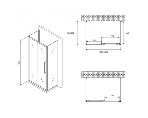 Душевой уголок Abber Schwarzer Diamant 140x60 профиль Черный стекло прозрачное