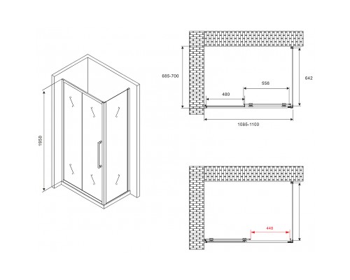 Душевой уголок Abber Schwarzer Diamant 110x70 профиль Черный стекло матовое