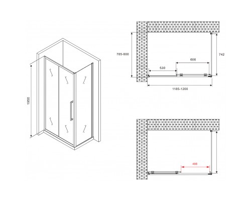 Душевой уголок Abber Schwarzer Diamant 120x80 профиль Черный стекло матовое