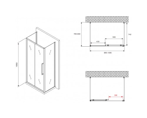 Душевой уголок Abber Schwarzer Diamant 100x80 профиль Черный стекло матовое