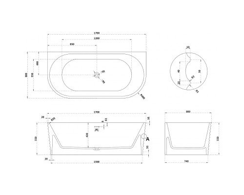 Ванна из искусственного камня Abber Stein 170x80 AS9652 без гидромассажа