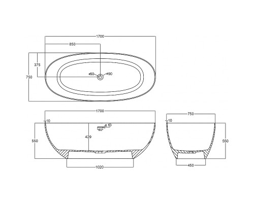 Ванна из полиэфирной смолы Abber Kristall 170х75 AT9703Vesuvian Оливковая без гидромассажа