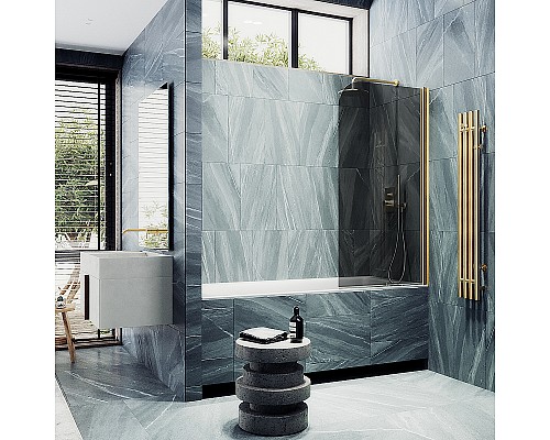 Шторка на ванну Maybah Glass MGV-613-3 600x1400 поворотная на монопетле Золото стекло графитовое