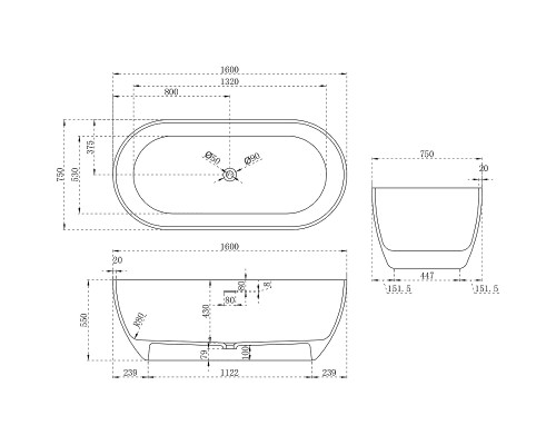 Ванна из искусственного камня Abber Stein 160x75 AS9613-1.6 без гидромассажа