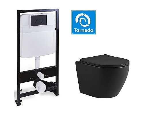 Комплект унитаза с инсталляцией SantiLine SL-5025MB+SL-03 с сиденьем Микролифт и Черной матовой клавишей смыва