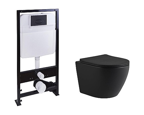 Комплект унитаза с инсталляцией SantiLine SL-5025MB+SL-03 с сиденьем Микролифт и Черной матовой клавишей смыва