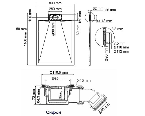 Душевой поддон из стеклопластика WasserKRAFT Main 110x80 41T14 Белый матовый