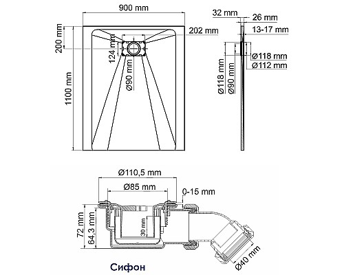 Душевой поддон из стеклопластика WasserKRAFT Elbe 110x90 74T15 Черный матовый