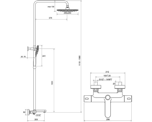 Душевая система Ravak Termo 300 TE 092.20BL X070444 с термостатом Черная