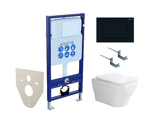 Комплект унитаза с инсталляцией Aquatek Set Aquatek Амадео-012 4в1 с сиденьем Микролифт и Черной матовой клавишей смыва