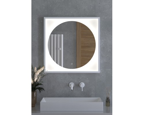 Зеркало Defesto Eclipce 70х70 с подсветкой 15W-4500К/в багетной раме/Сенсорный выключатель/Нейтральный белый свет/Белая рама