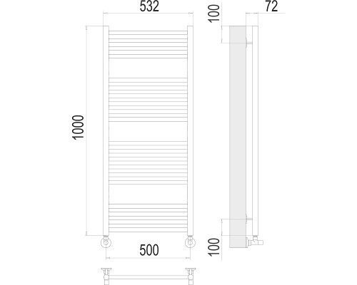 Водяной полотенцесушитель Terminus Аврора П20 500х1000 4670078529381 Хром, нижнее подключение, G 1/2" ВР, с угловым соединением