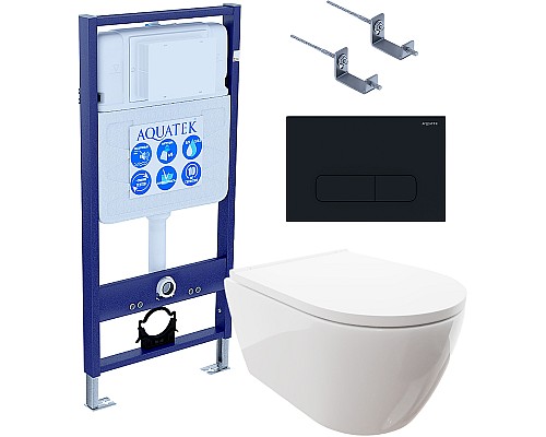 Комплект унитаза с инсталляцией Aquatek Set Aquatek Поларис-017 4в1 с сиденьем Микролифт и Черной матовой клавишей смыва